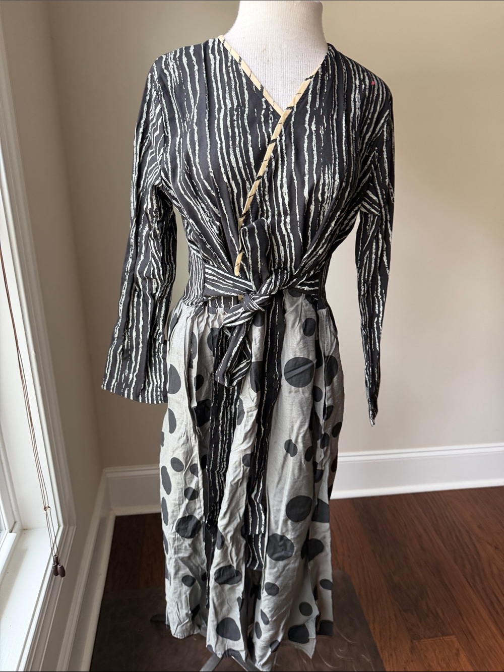Black & Gray Mixed-Print Wrap Midi Dress with Tie Waist